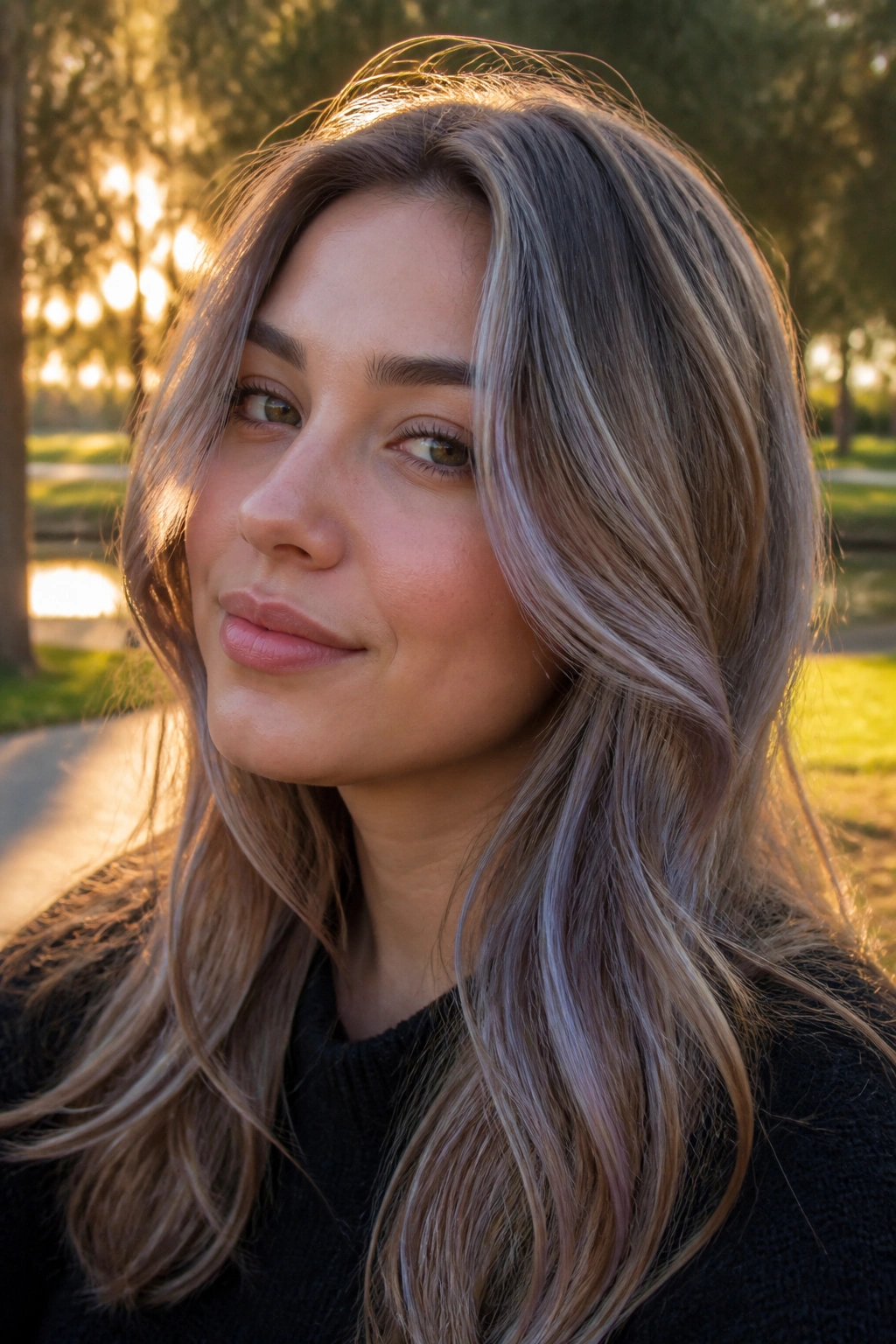 Close-up portrait of a real person with beige brown hair and periwinkle glaze.