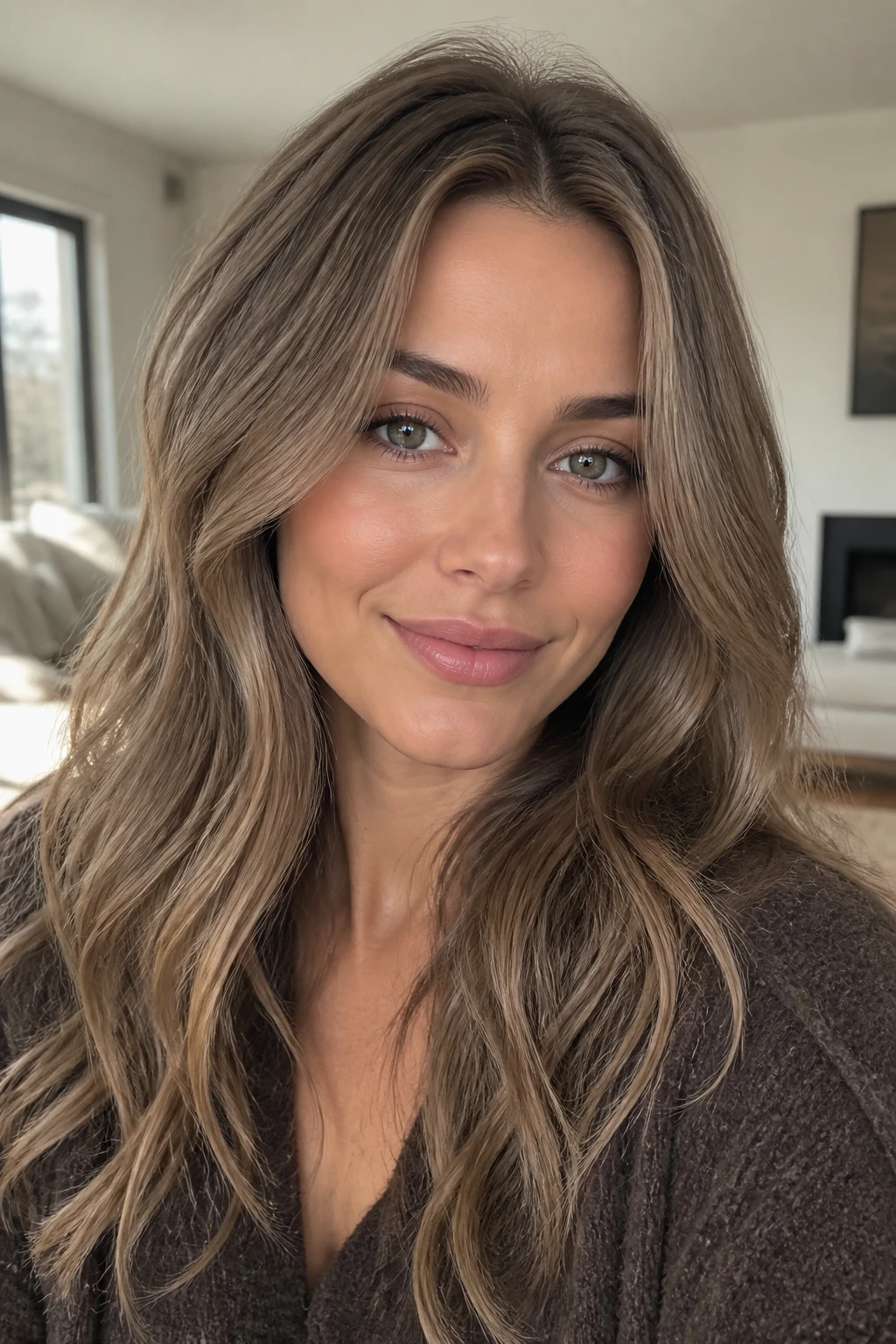 Portrait of a woman with beige brown hair and smoky glaze in bright natural light