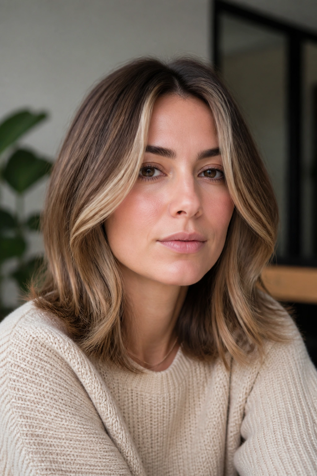 Close-up of beige brunette with champagne caramel dimension on a real woman, cool daylight
