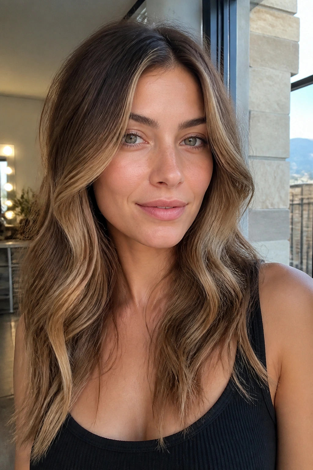 Close-up of a woman with beige brunette contour and caramel money pieces framing the face