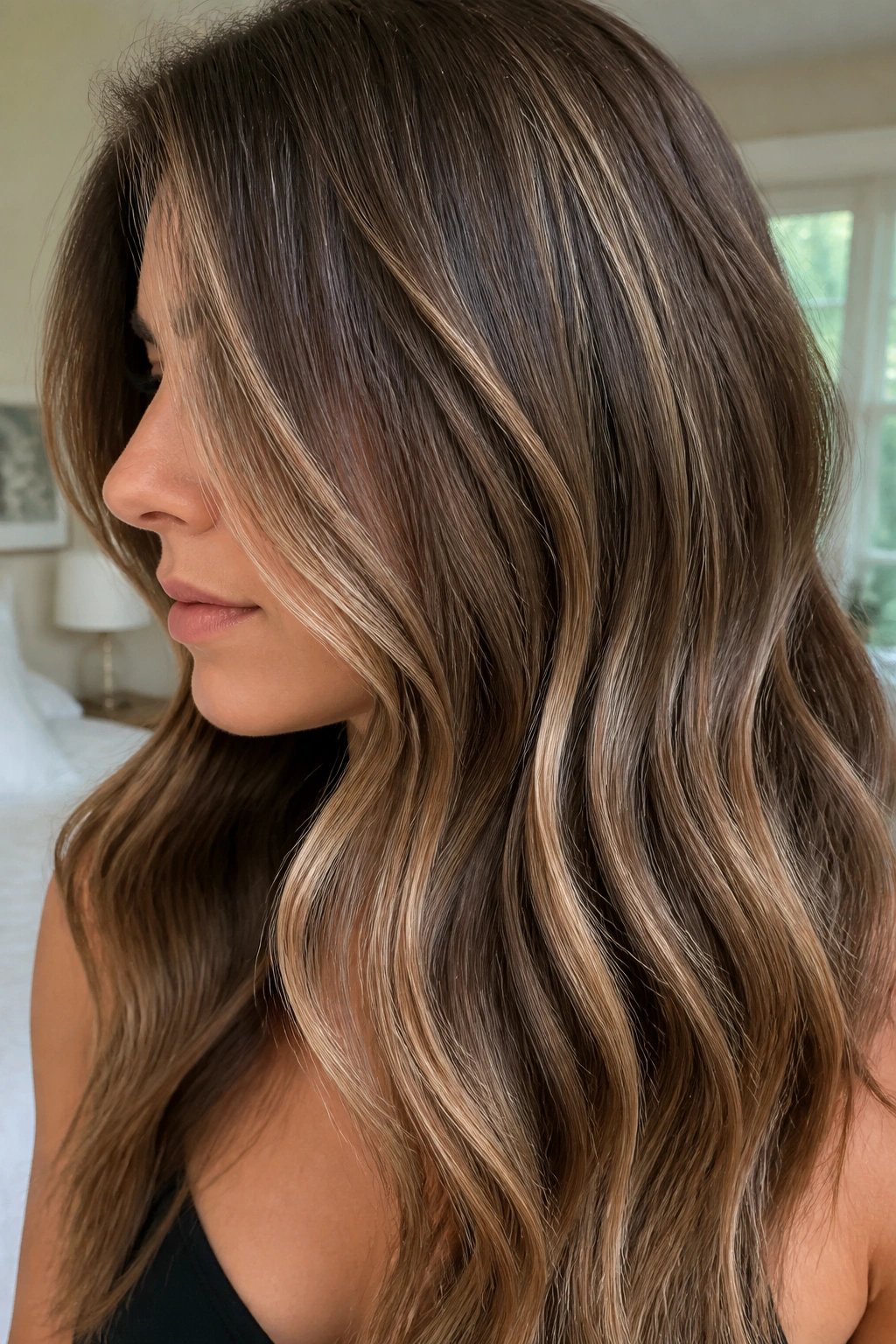 Close-up of beige brunette highlights on medium brown hair