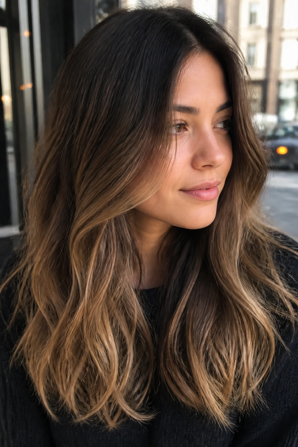 Close-up portrait of beige brunette with honey ends and smooth transition.
