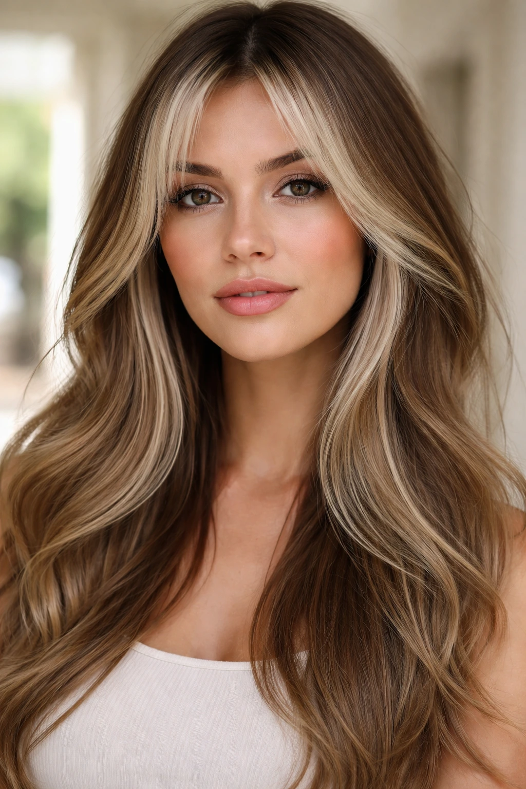 Woman with beige brunette and icy face frame in bright hallway