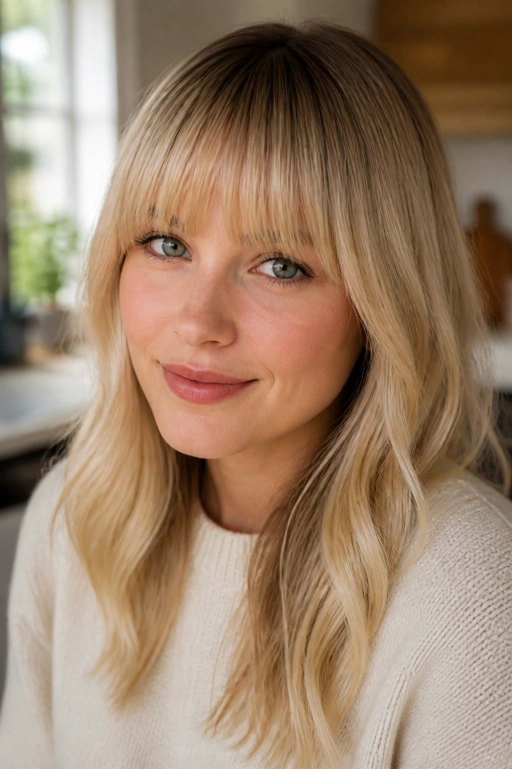 Close-up of a real woman with beige-to-butter blonde bangs and a root shadow