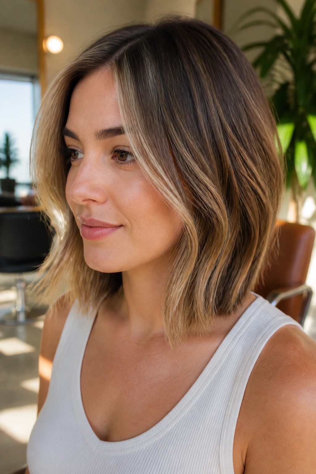 Close-up of beige caramel babylights on a lob hairstyle in a salon