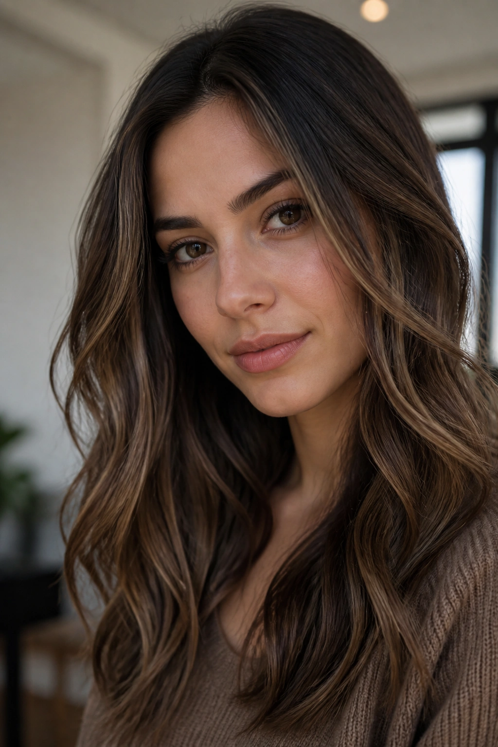Beige caramel babylights on neutral brunette hair close-up