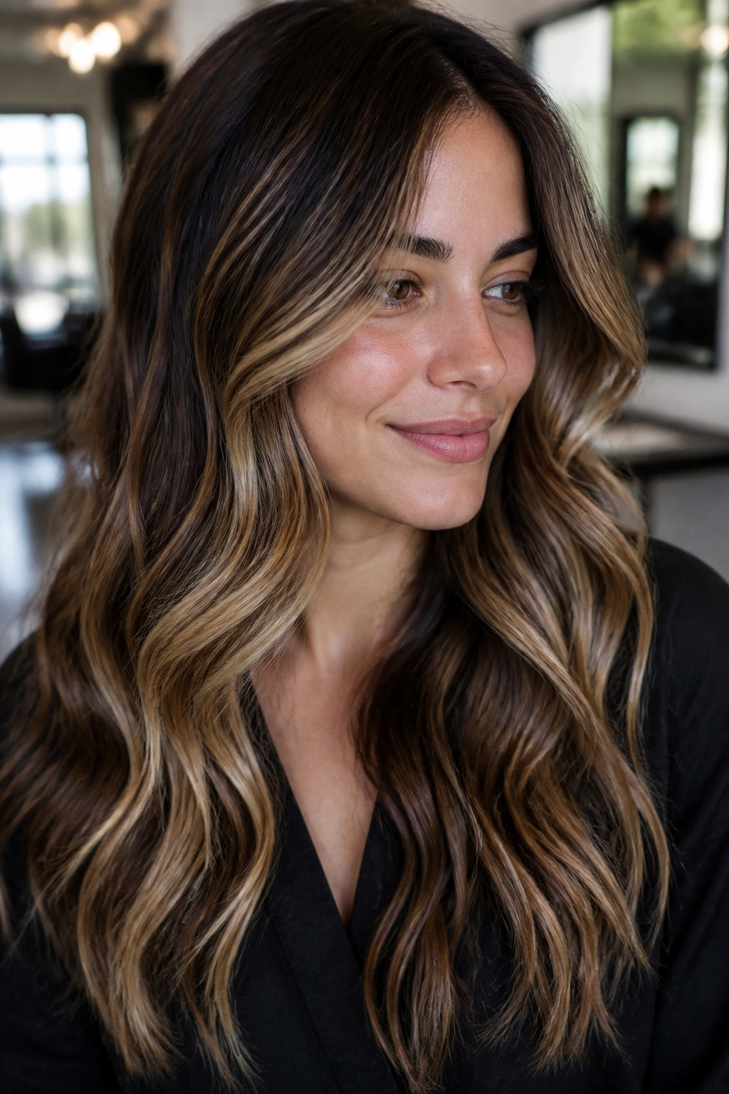 Close-up portrait of a real woman with beige caramel balayage on a deep brunette base, soft window light
