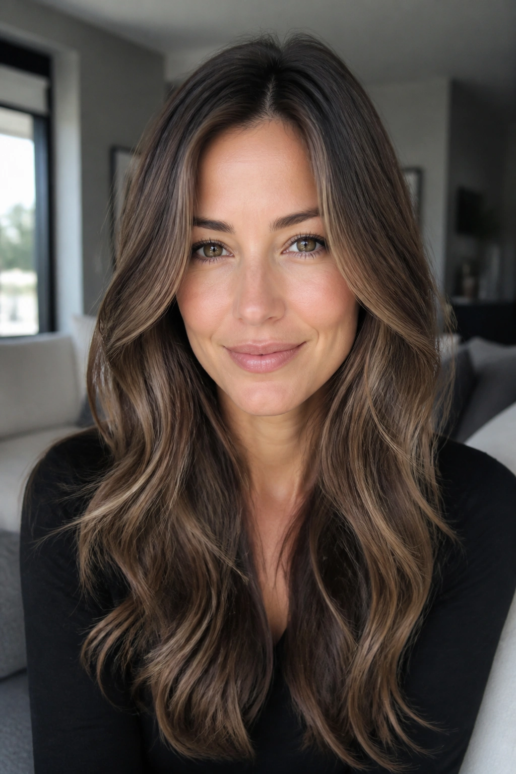 Close-up portrait of a cool brown haired woman with beige caramel highlights