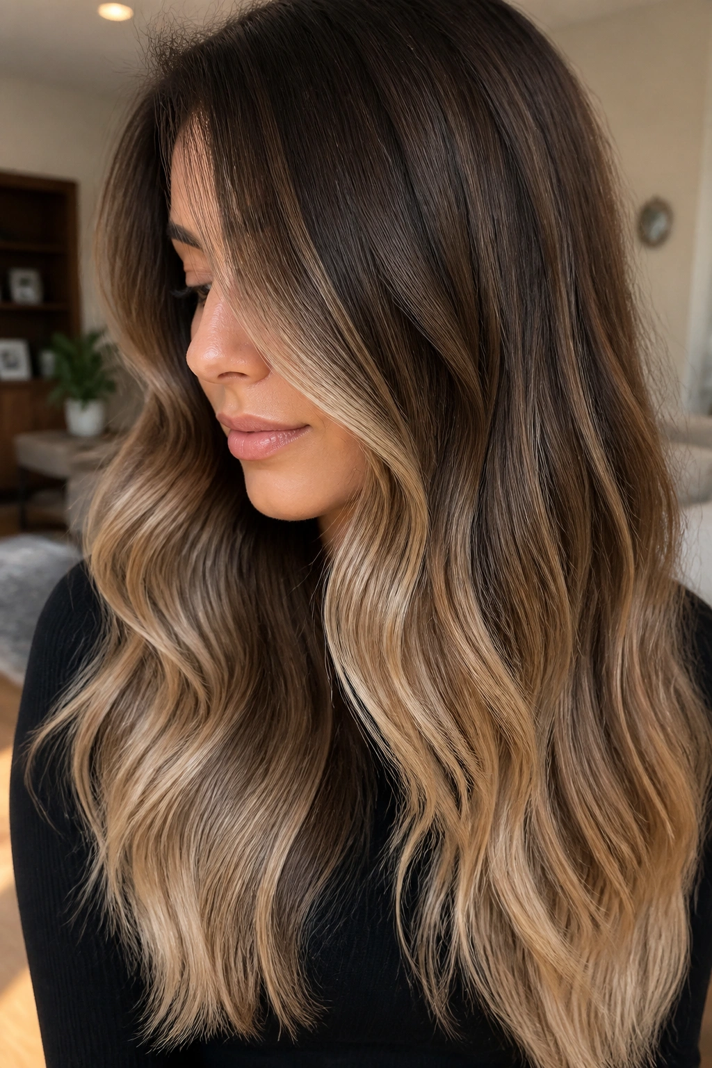 Portrait of beige caramel hair with neutral ends