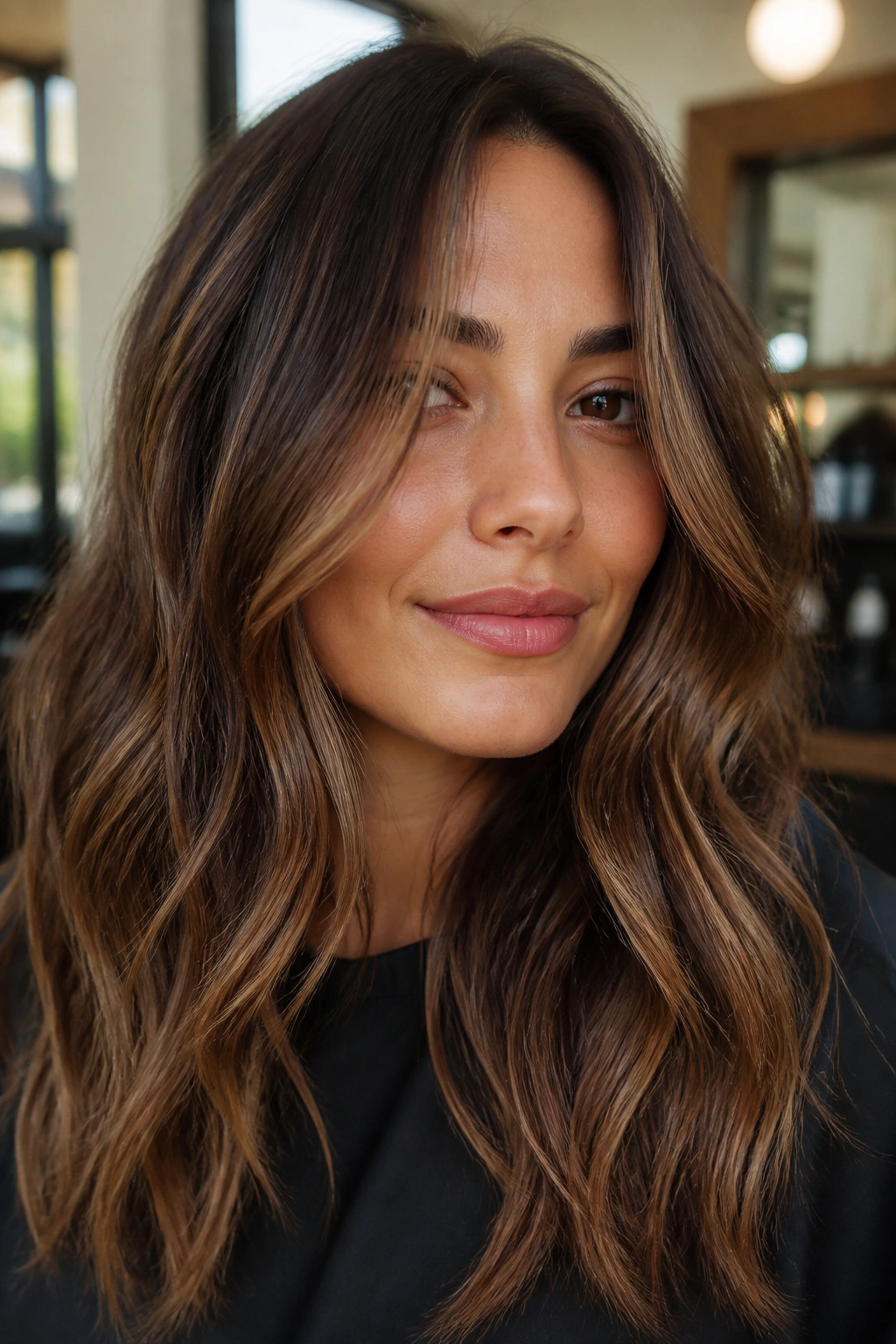 Medium brown hair with beige caramel balayage, close-up portrait in warm studio light.