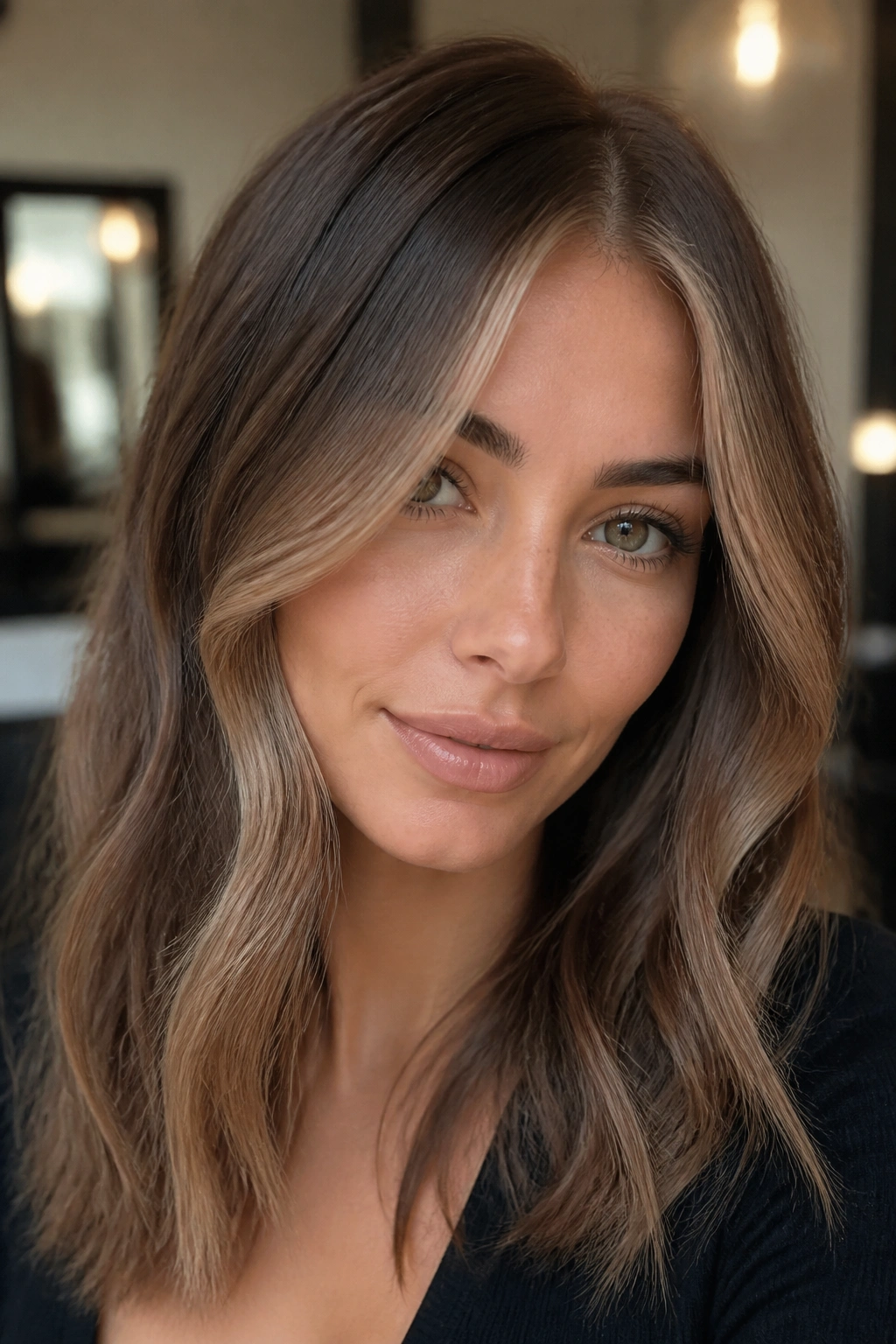 Close-up of a woman with beige caramel money piece near the face
