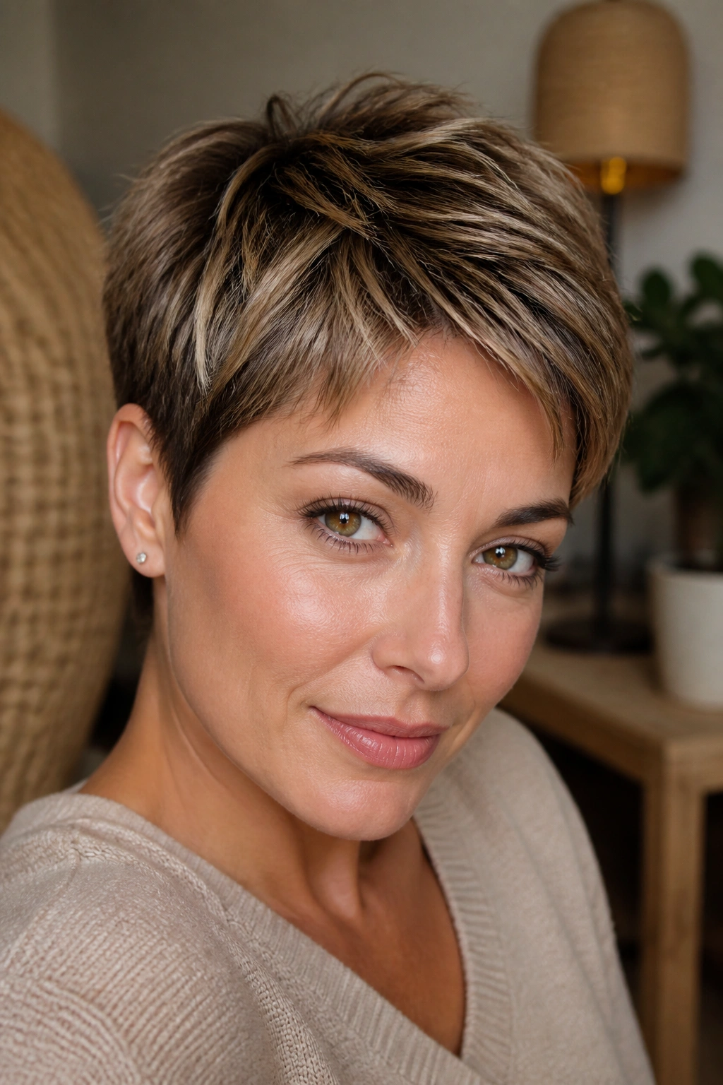 Close-up headshot of a pixie cut with beige caramel highlights