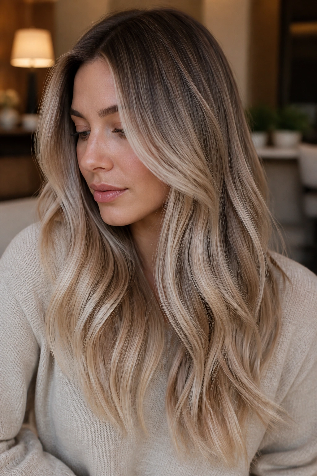Close-up of a real woman with beige champagne balayage and ash-toned ribbons
