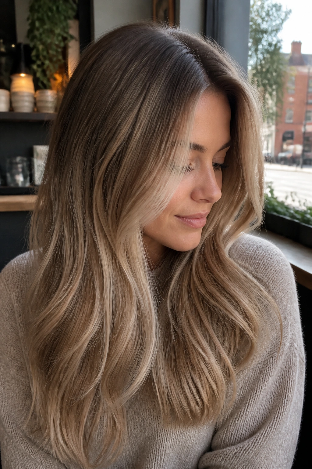 Real woman with cool beige champagne balayage on long hair