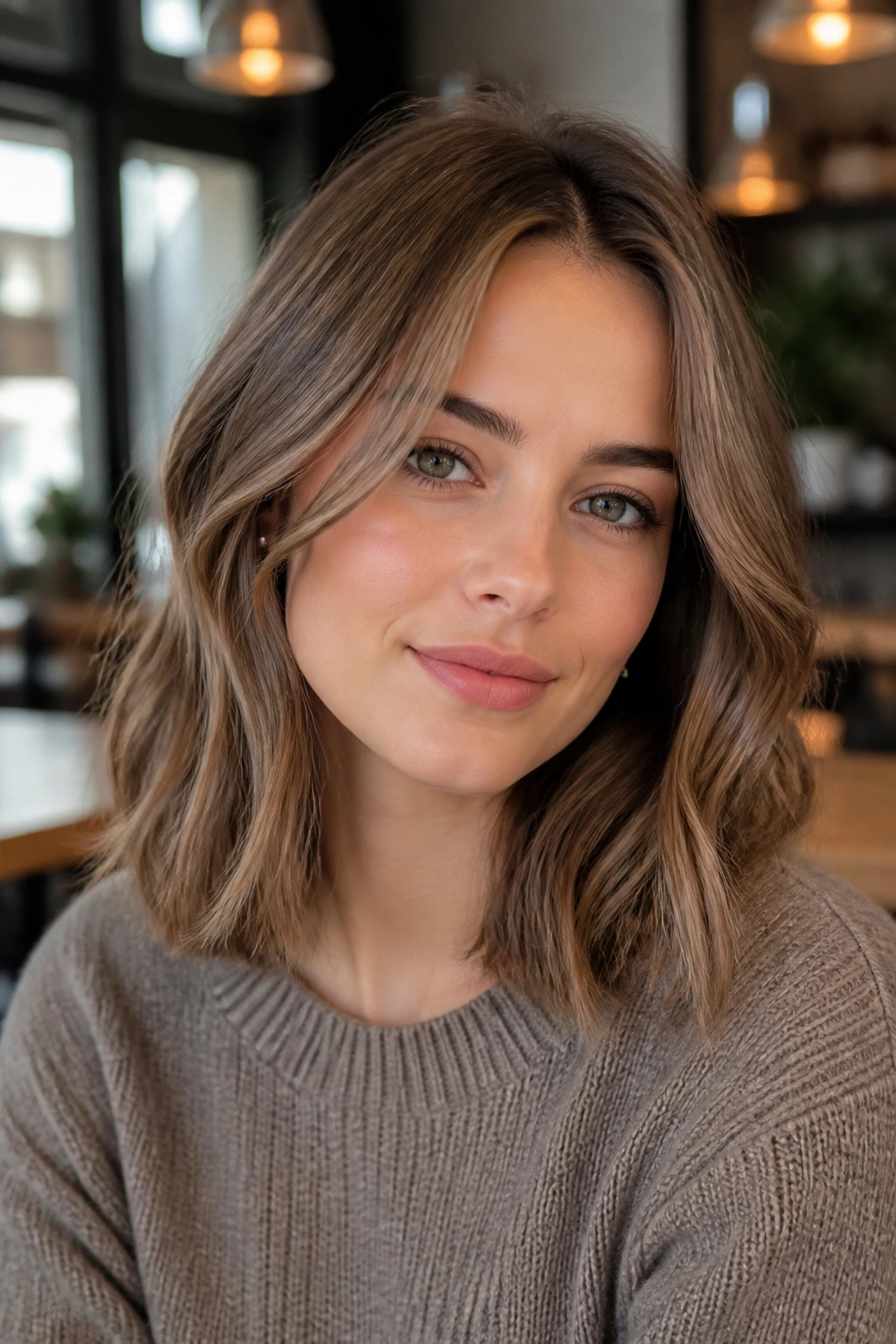 Close-up portrait of beige chestnut lob at collarbone length