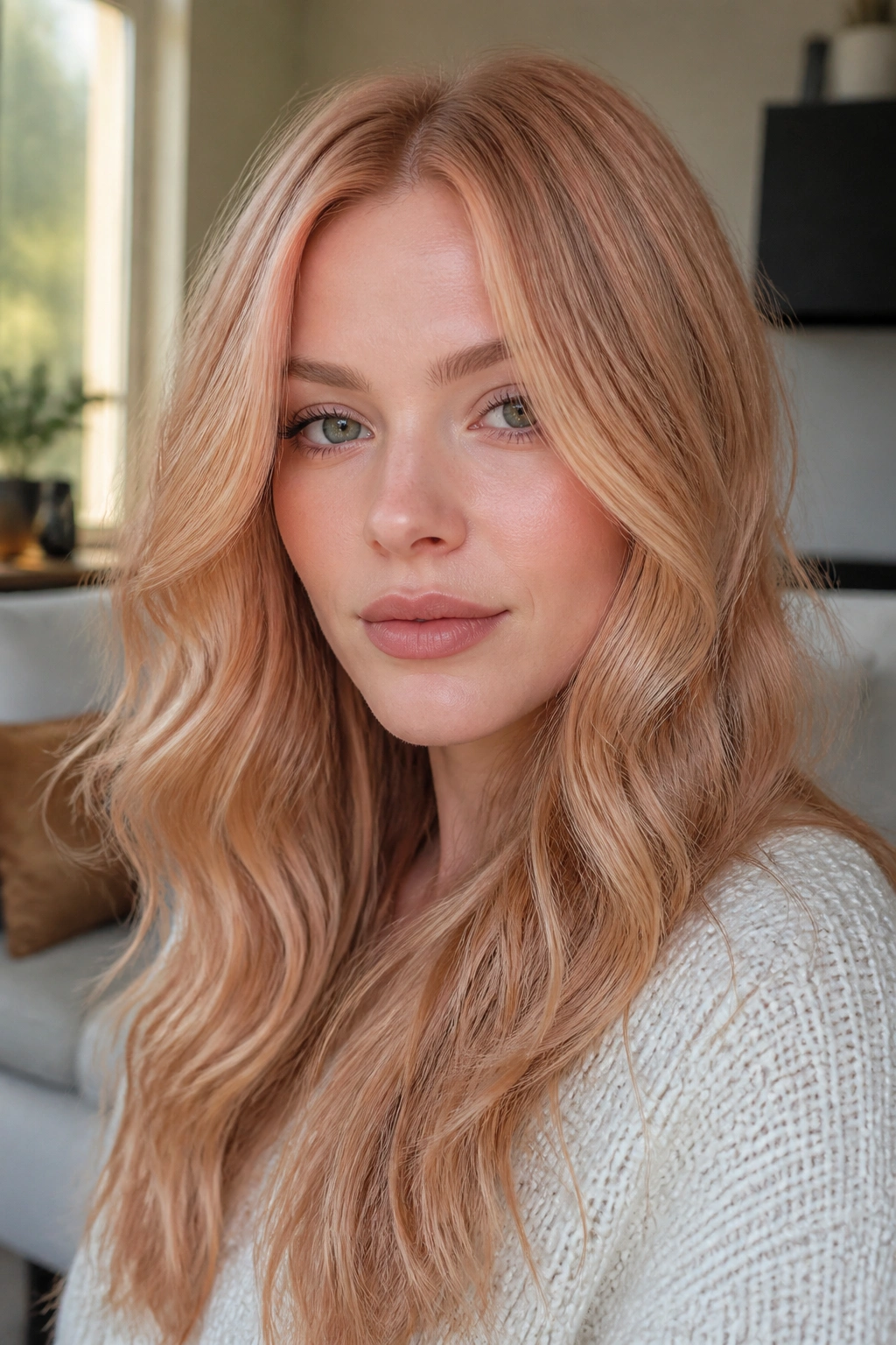 Close-up of a woman with beige copper blonde hair in a cozy living room
