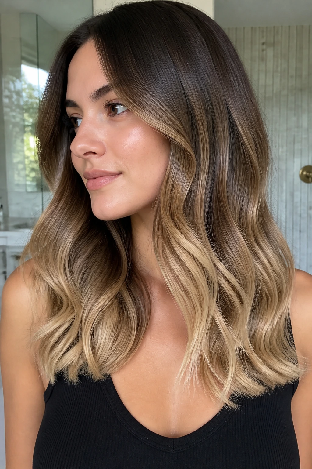 Close-up of a real woman with glossy beige ends on faded brown hair