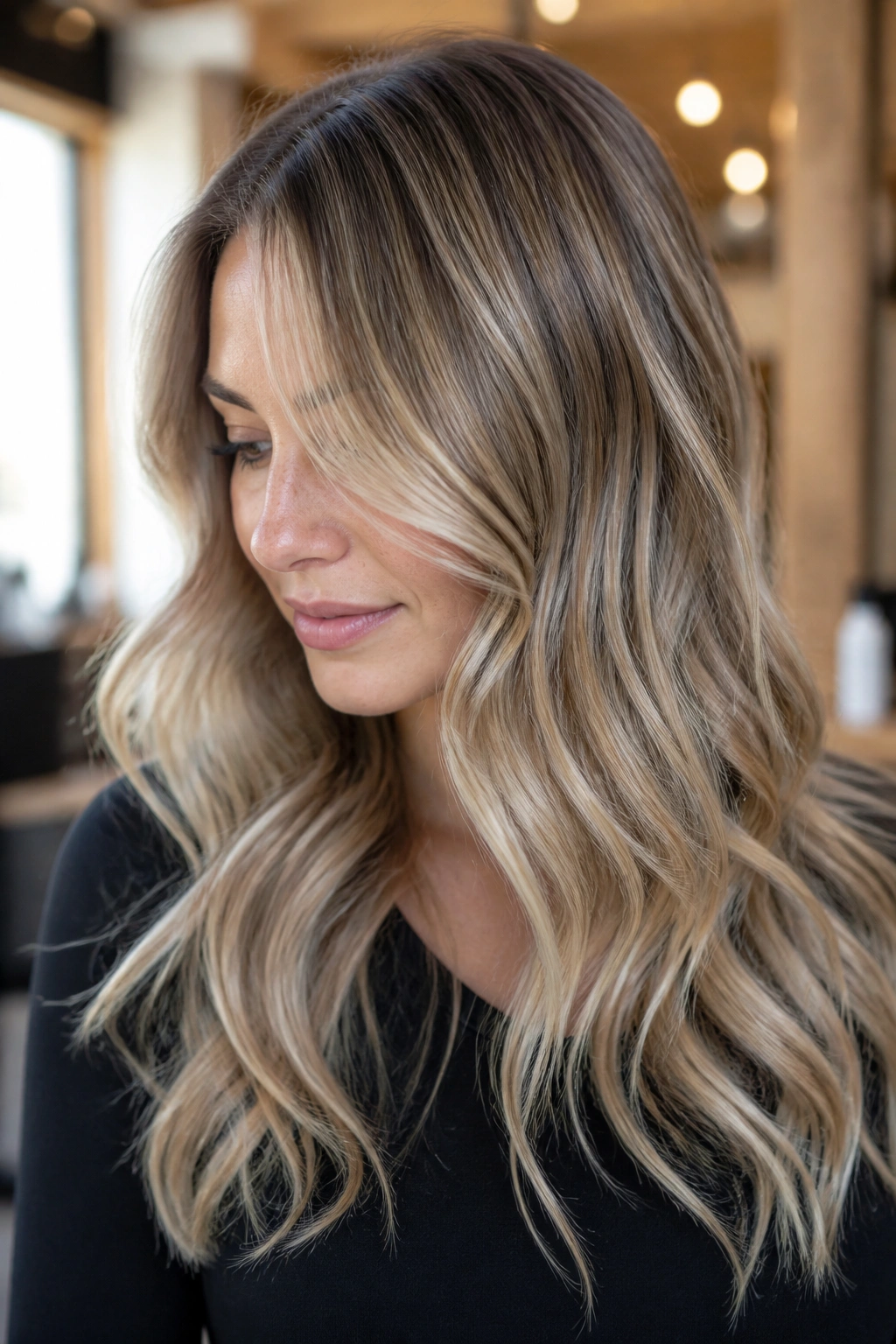 Close-up portrait of a real woman with beige foilayage in a salon setting