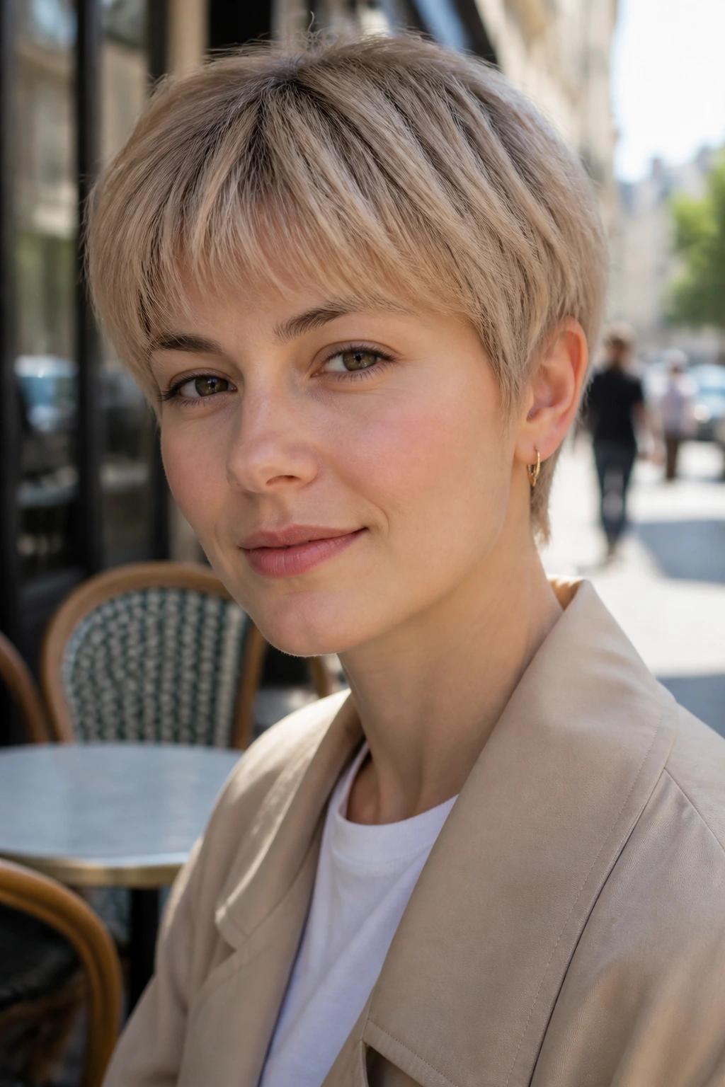 Portrait of a real woman with beige French pixie rounded bangs