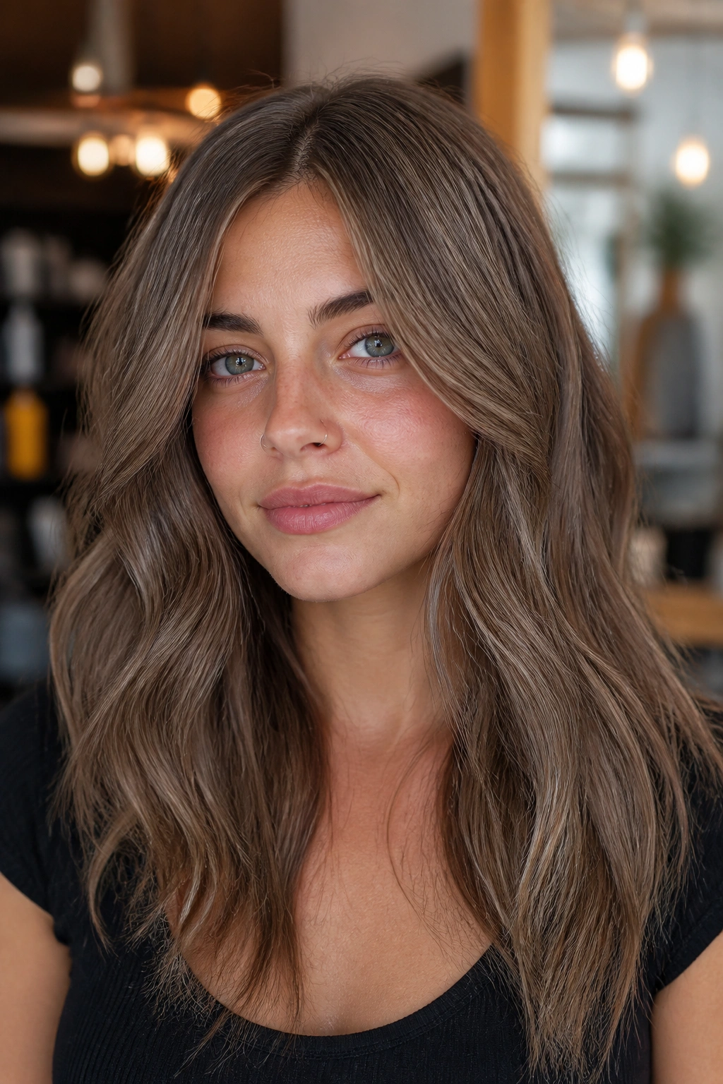 Close-up of brunette with beige gloss on level 7 base.