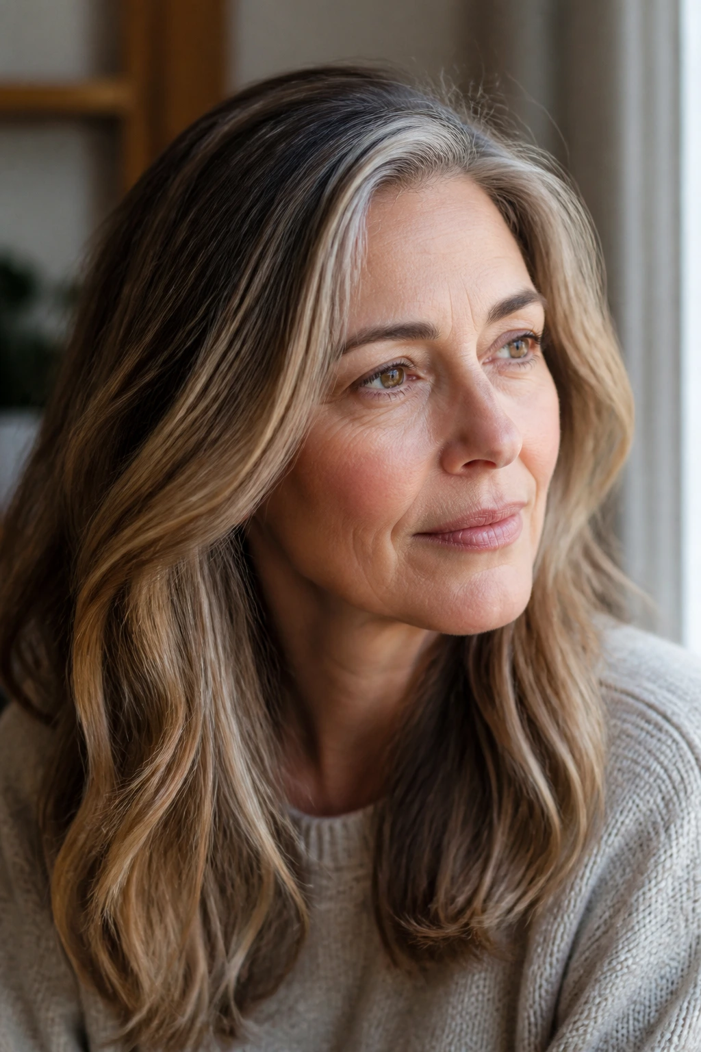 Close-up of a real woman with beige blonde balayage blending gray strands