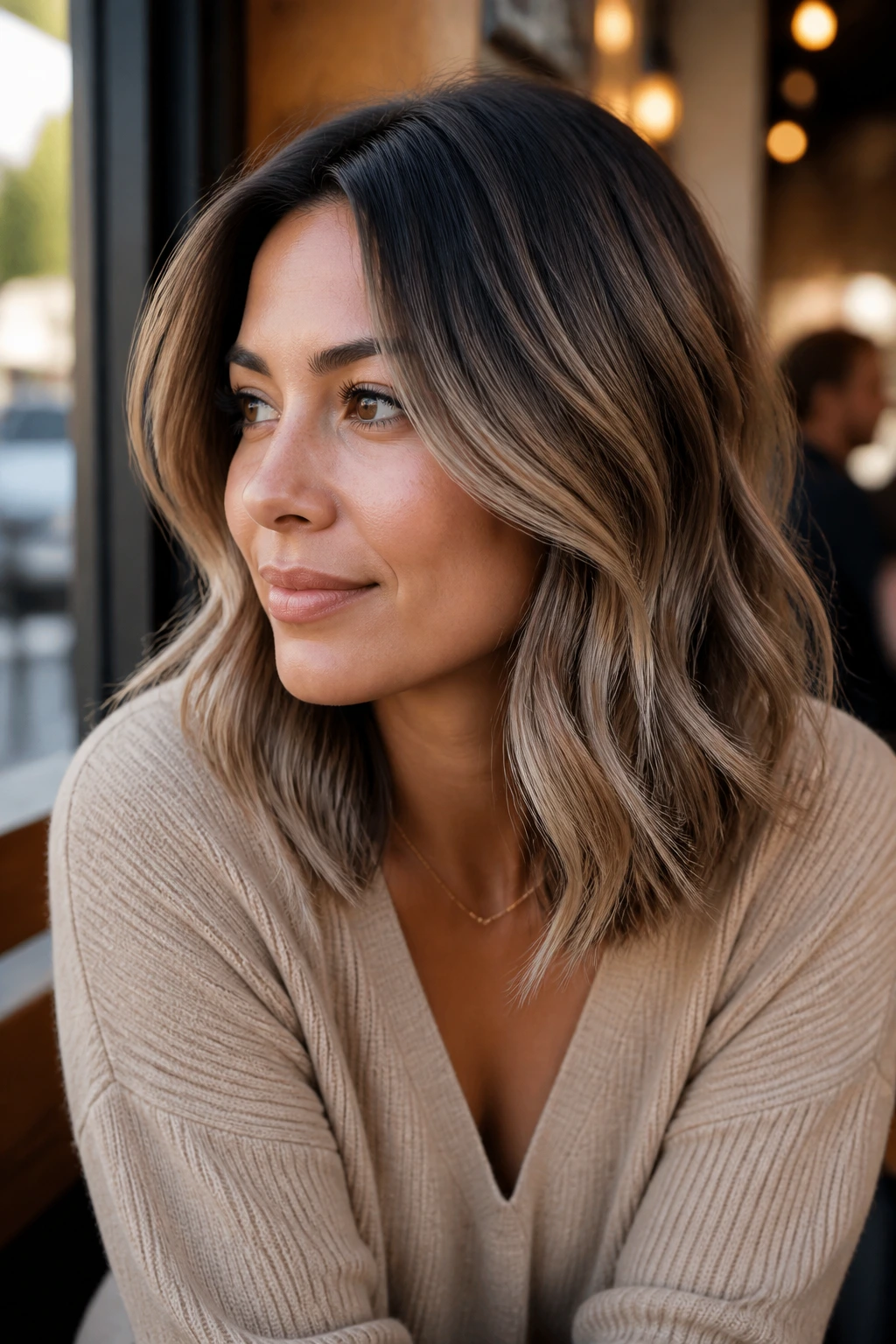 Close-up portrait of a real person with cool beige-gray balayage on a medium cut.