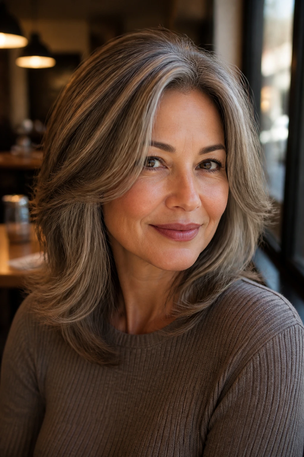 Portrait of a real woman with beige-gray mushroom blend and soft layers.