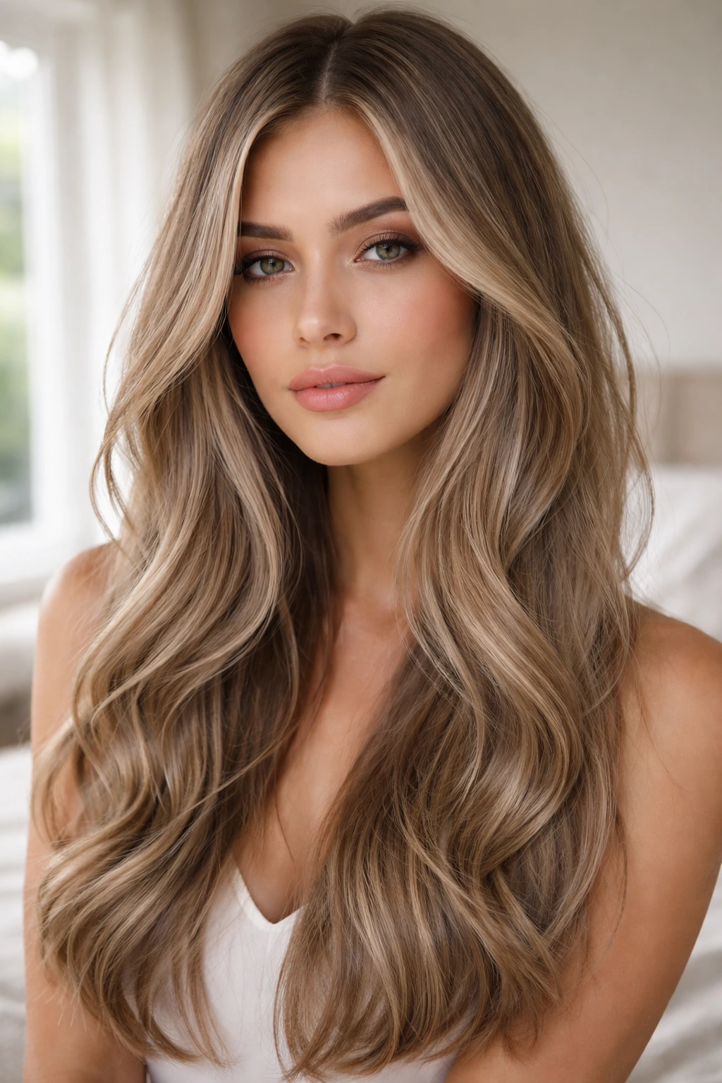 Close-up portrait of a real woman with smoky beige babylights blending into a cool hair base