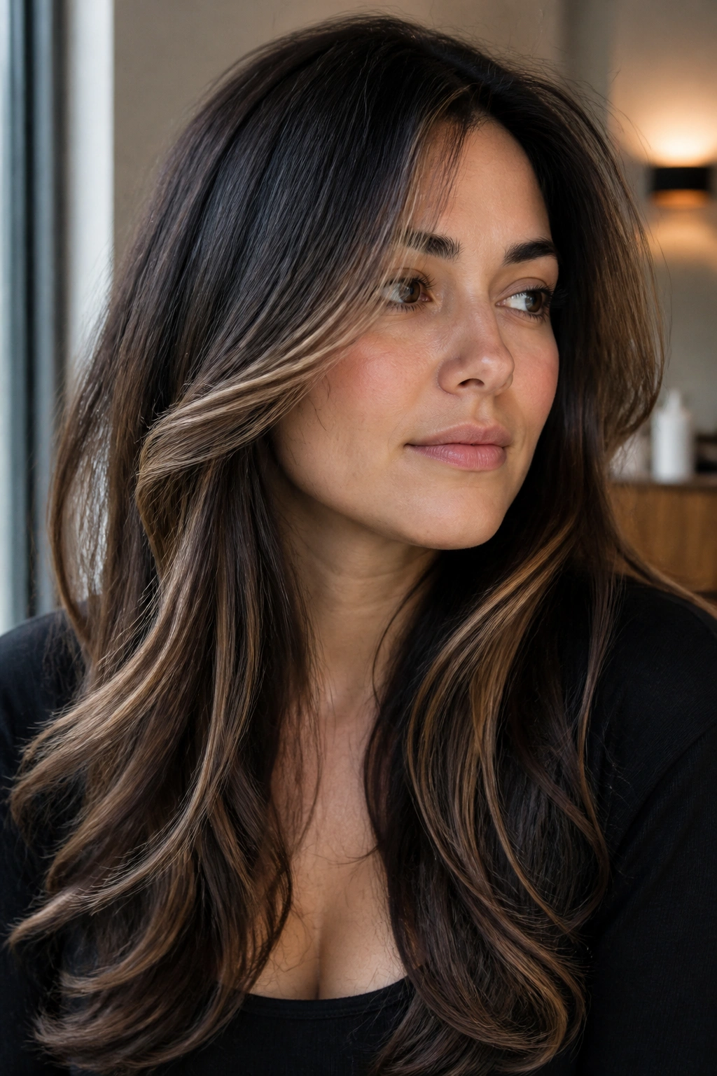 Close-up of a real woman with cool beige-hazelnut veils on espresso hair