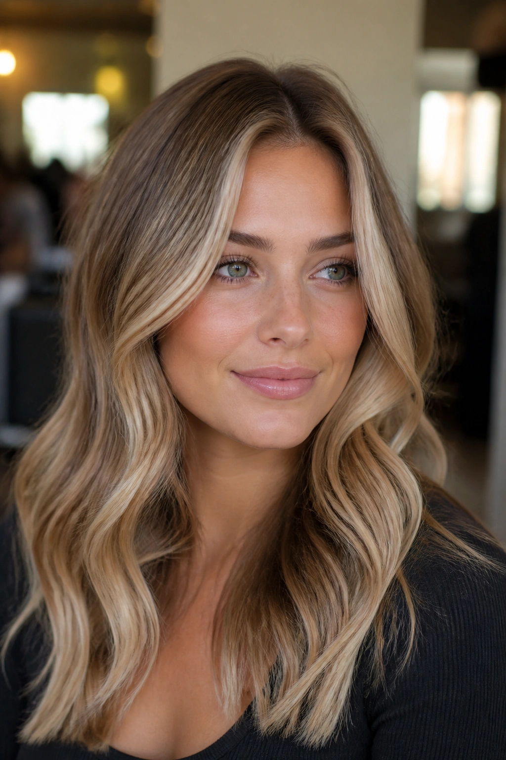 Close-up portrait of a real woman with beige honey balayage and soft money pieces framing the face