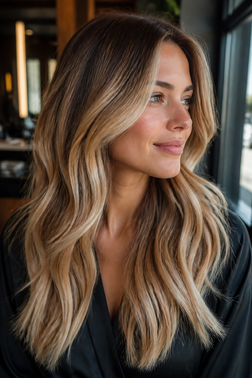 Close-up of beige honey balayage with a soft root shadow on a real woman's hair