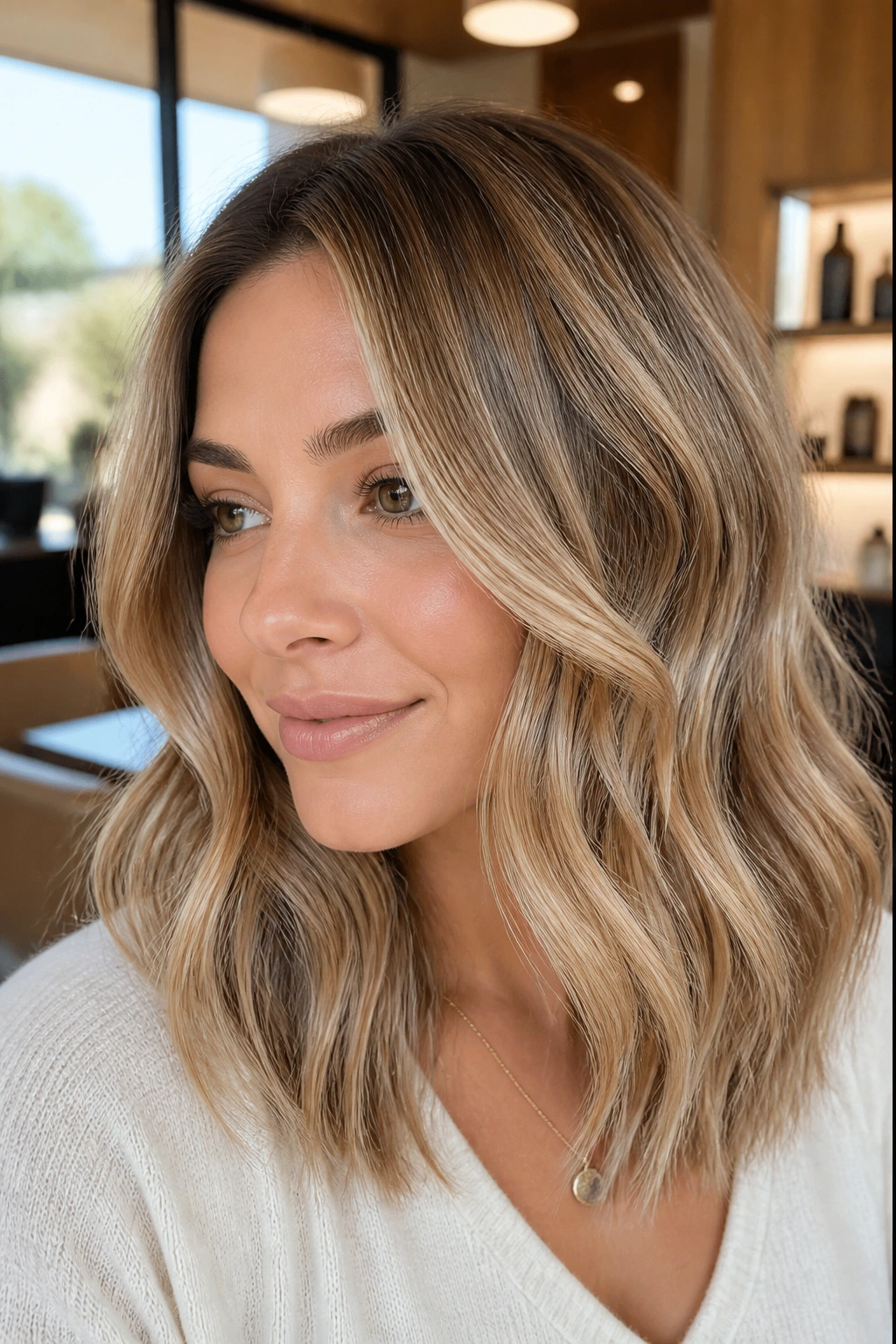 Close-up of a woman with beige honey caramel balayage in soft waves