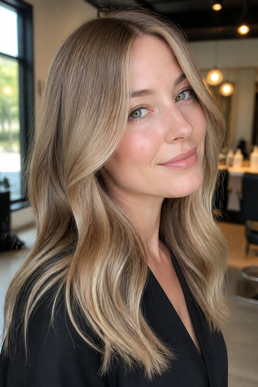 Close-up of glossy honey beige hair on a real person