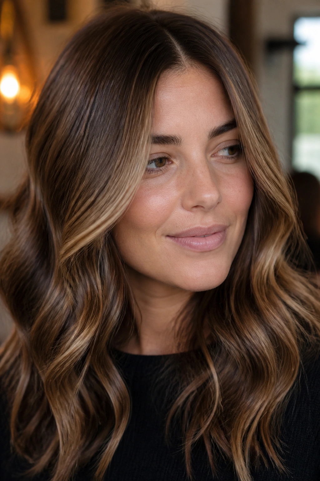 Close-up of a real woman with beige-honey gloss on cooler brown hair