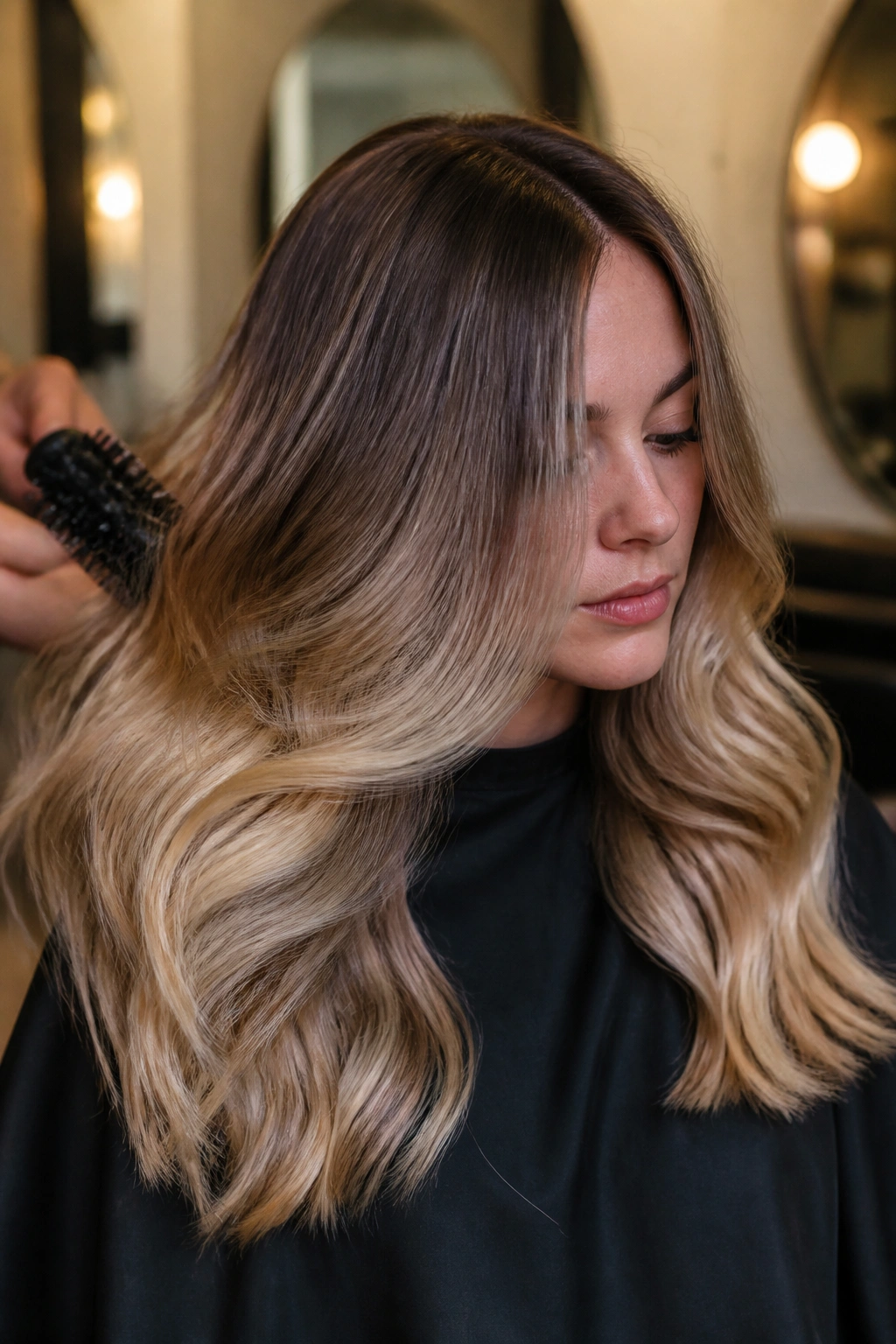 Portrait of a real woman with beige honey ombré from mid-lengths to ends, darker roots.