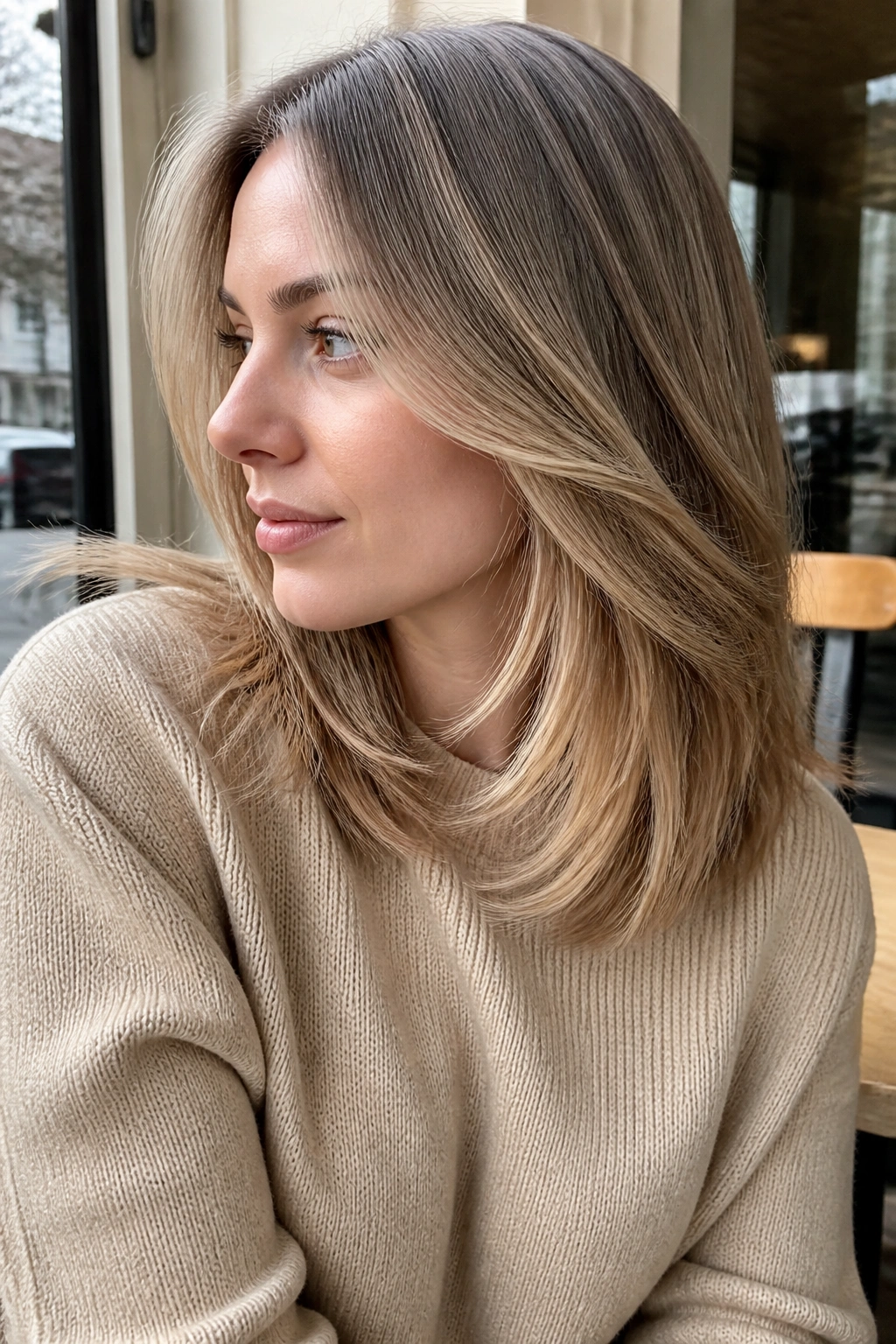 Close-up of hair with beige honey peekaboo panels under top layers on a real person
