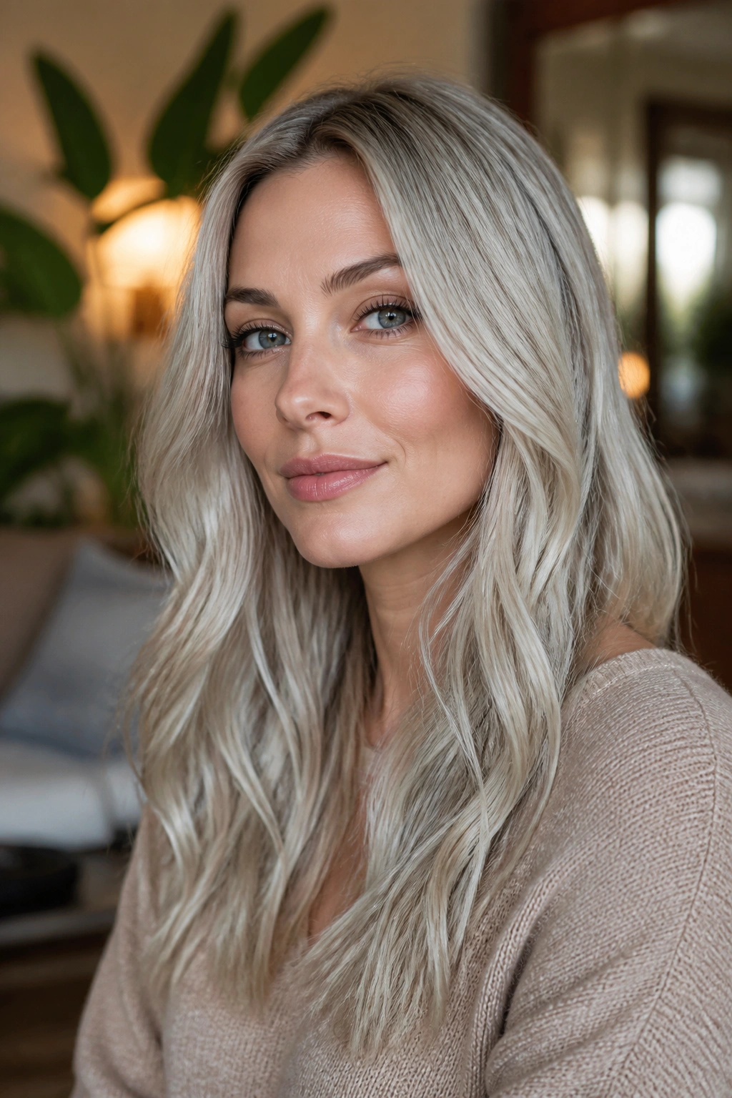 Close-up portrait of a real person with beige-ice silver blonde hair