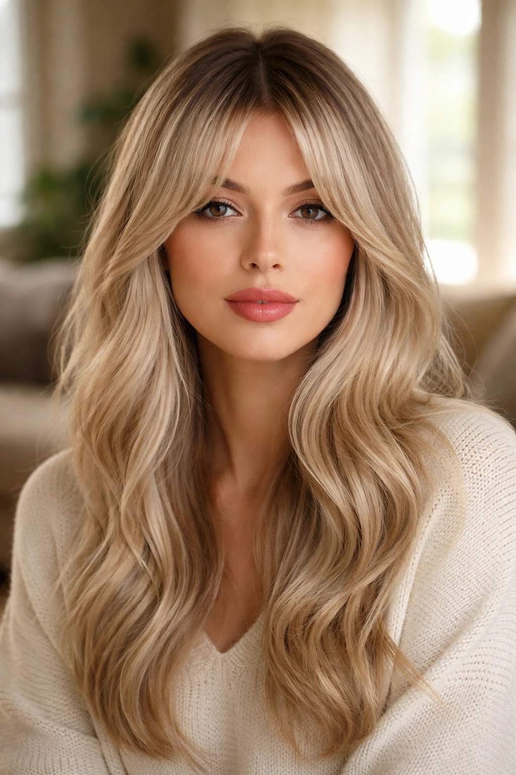 Close-up portrait of a real woman with beige-icy blonde hair and curtain bangs in soft daylight