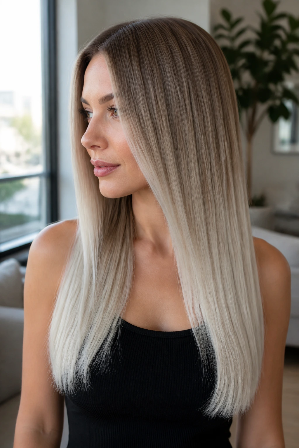 Close-up of a real woman with long straight hair showing beige-to-icy ombré balayage gradient.