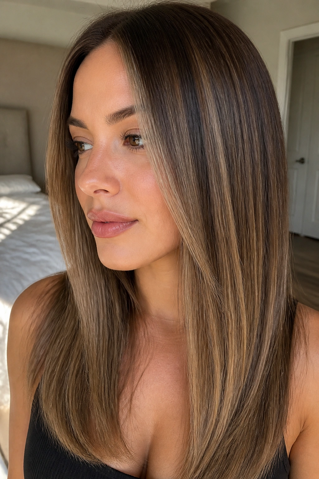 Close-up portrait of a real woman with straight brown hair showing beige latte balayage with soft root melt in natural window light.
