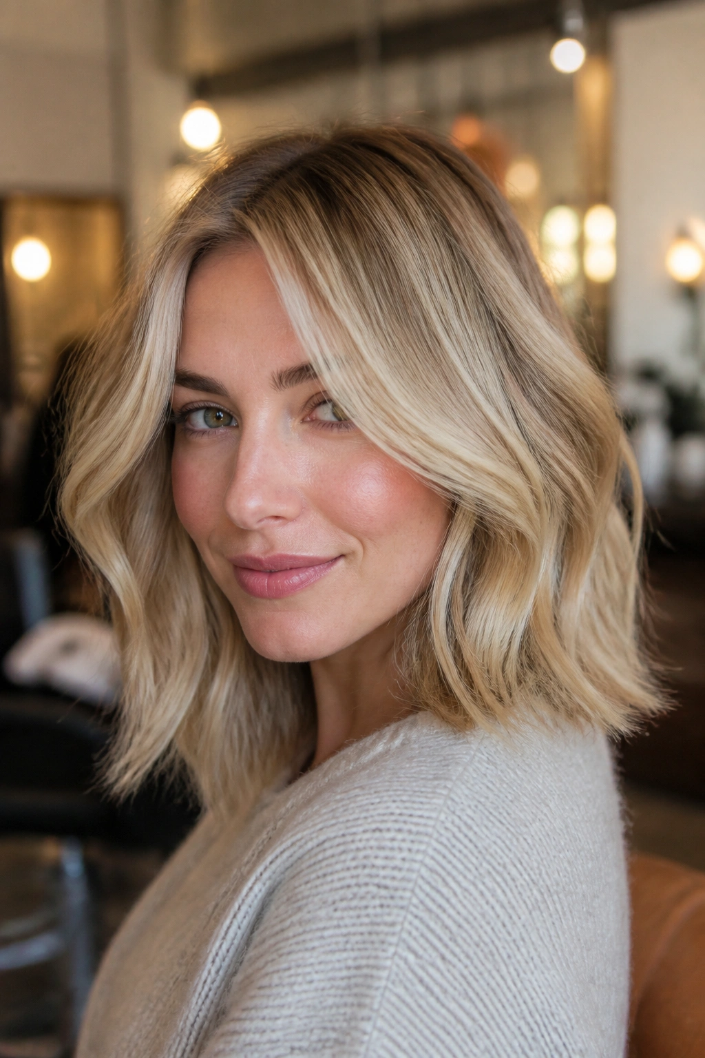Close-up of a woman with beige lowlights in blonde hair