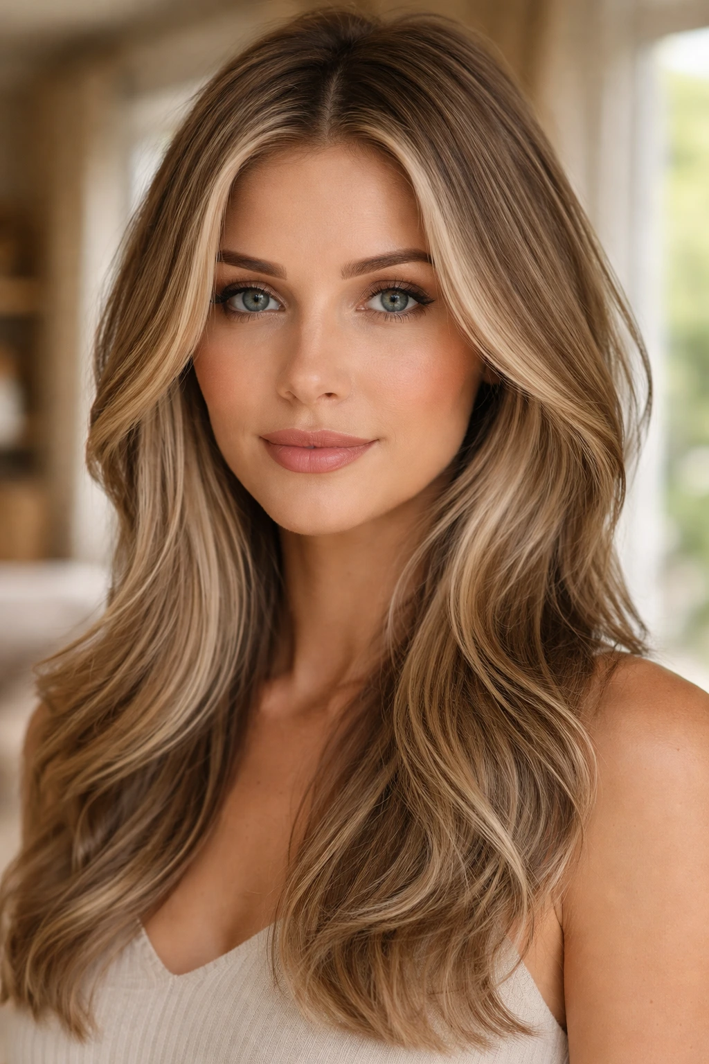Close-up portrait of a real person with beige lowlights along the jawline.