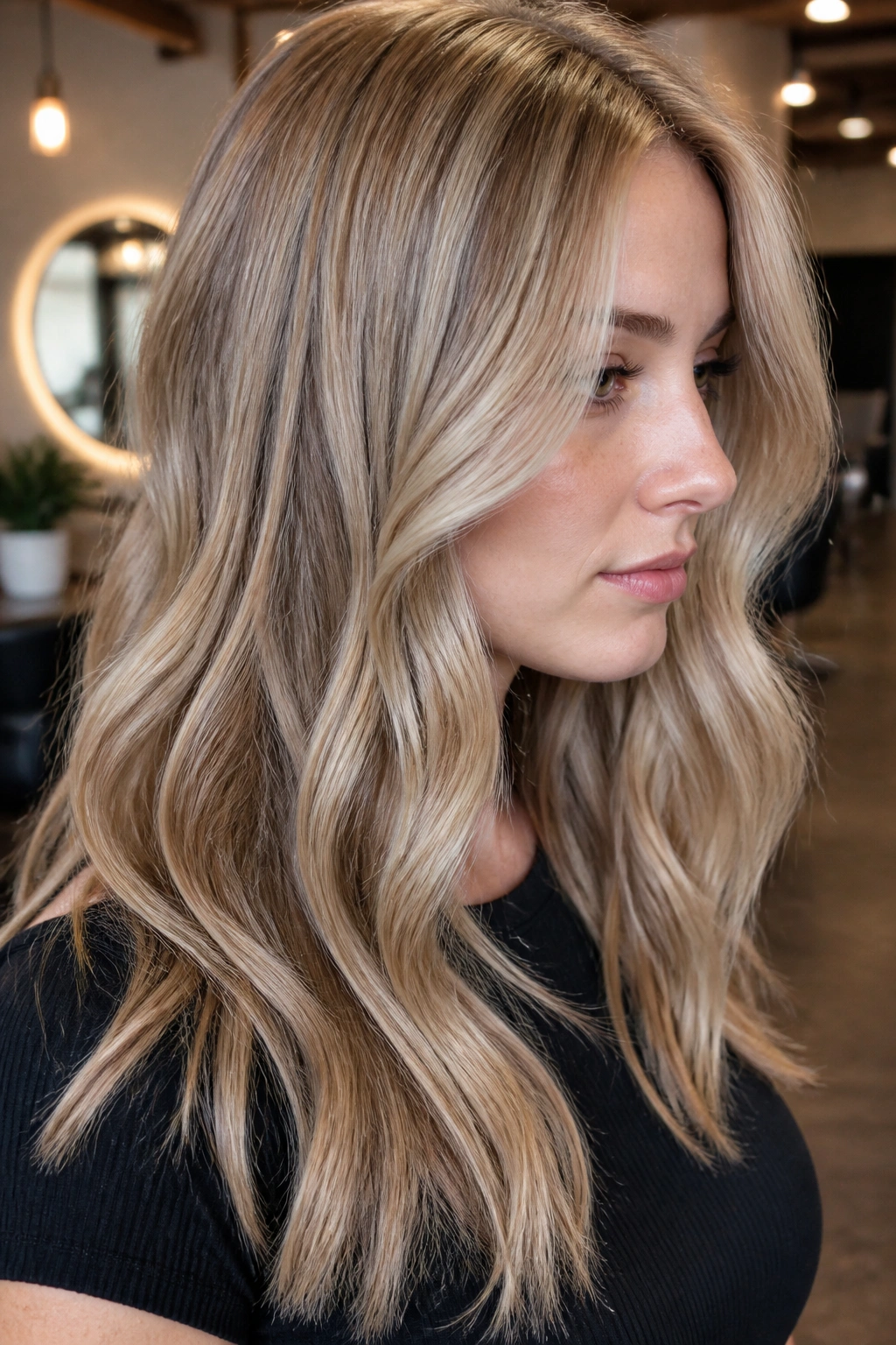 Real woman with blonde hair showing beige lowlights for depth