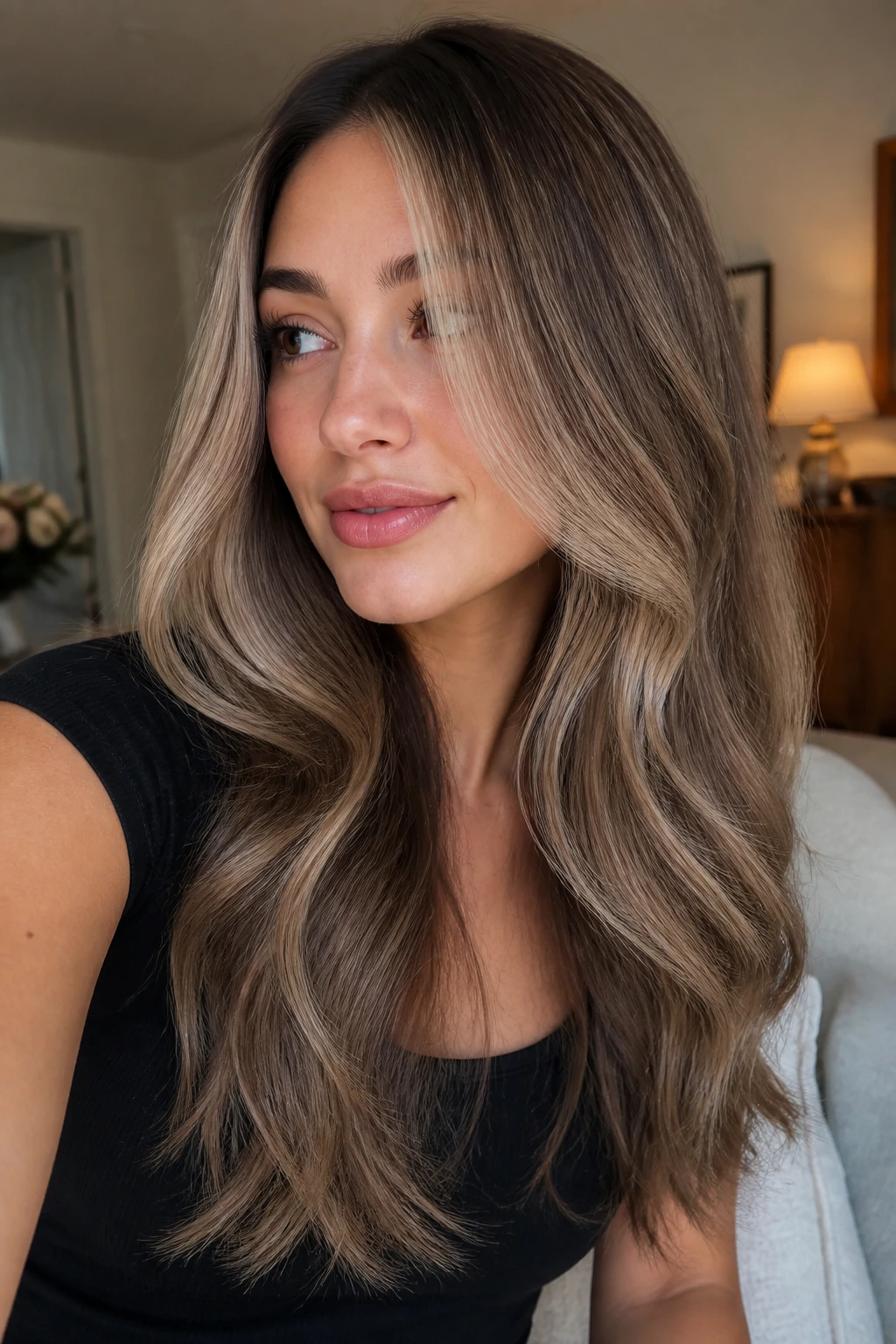 Close-up portrait of a real woman with beige-to-mink bronde melt hair.