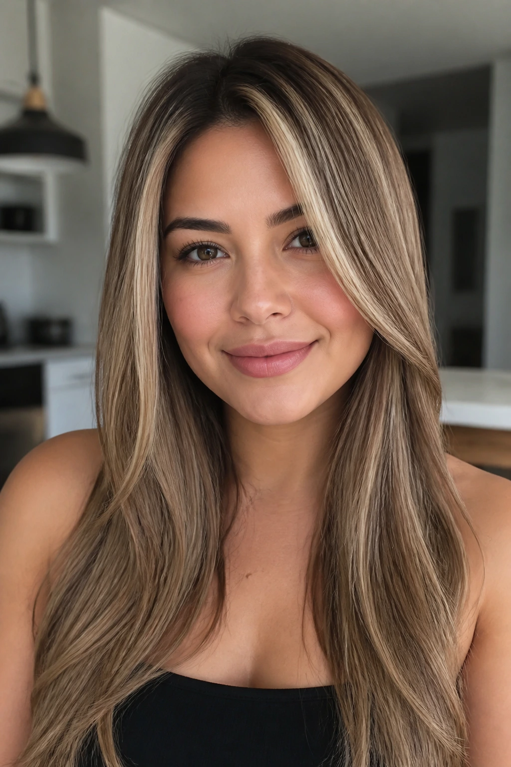 Close-up portrait of a real woman with beige-mocha blonde sliced highlights