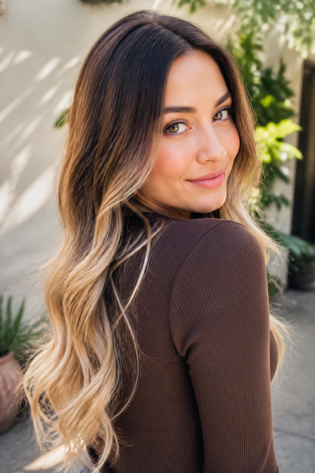 Close-up of long-haired woman with beige ombré ends.