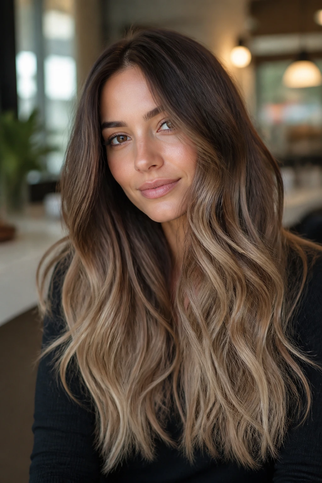 Long brown hair with soft beige ombré transition
