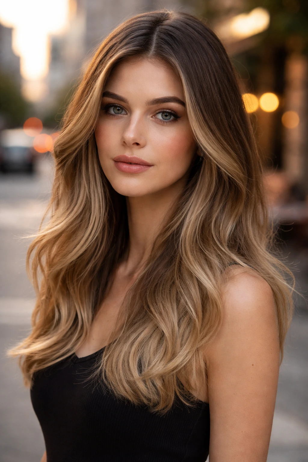Close-up portrait of a real person with a beige ombre fade from dark at the roots to light beige at the ends.