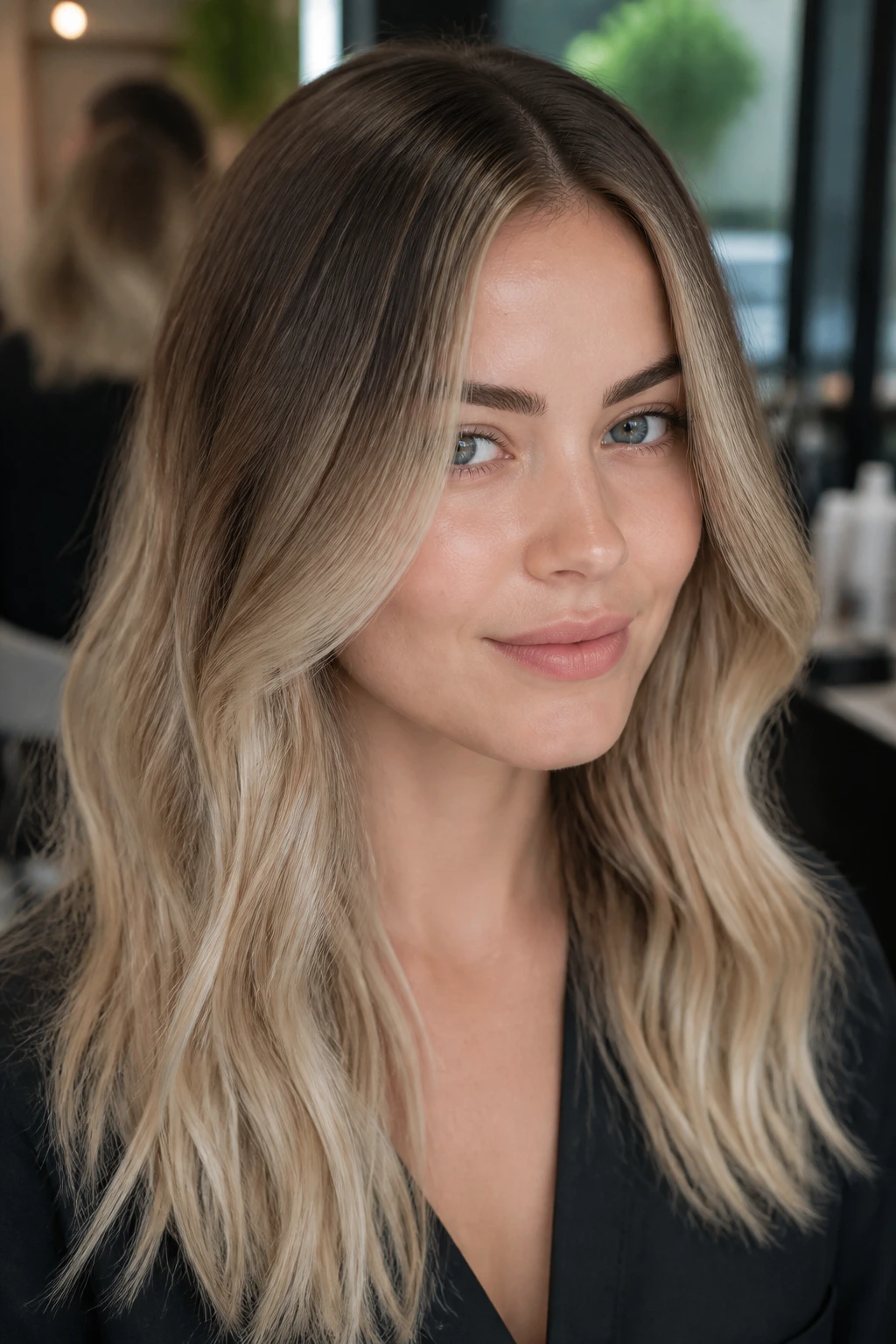 Close-up of a real woman with beige blonde ombré from dark roots to beige ends