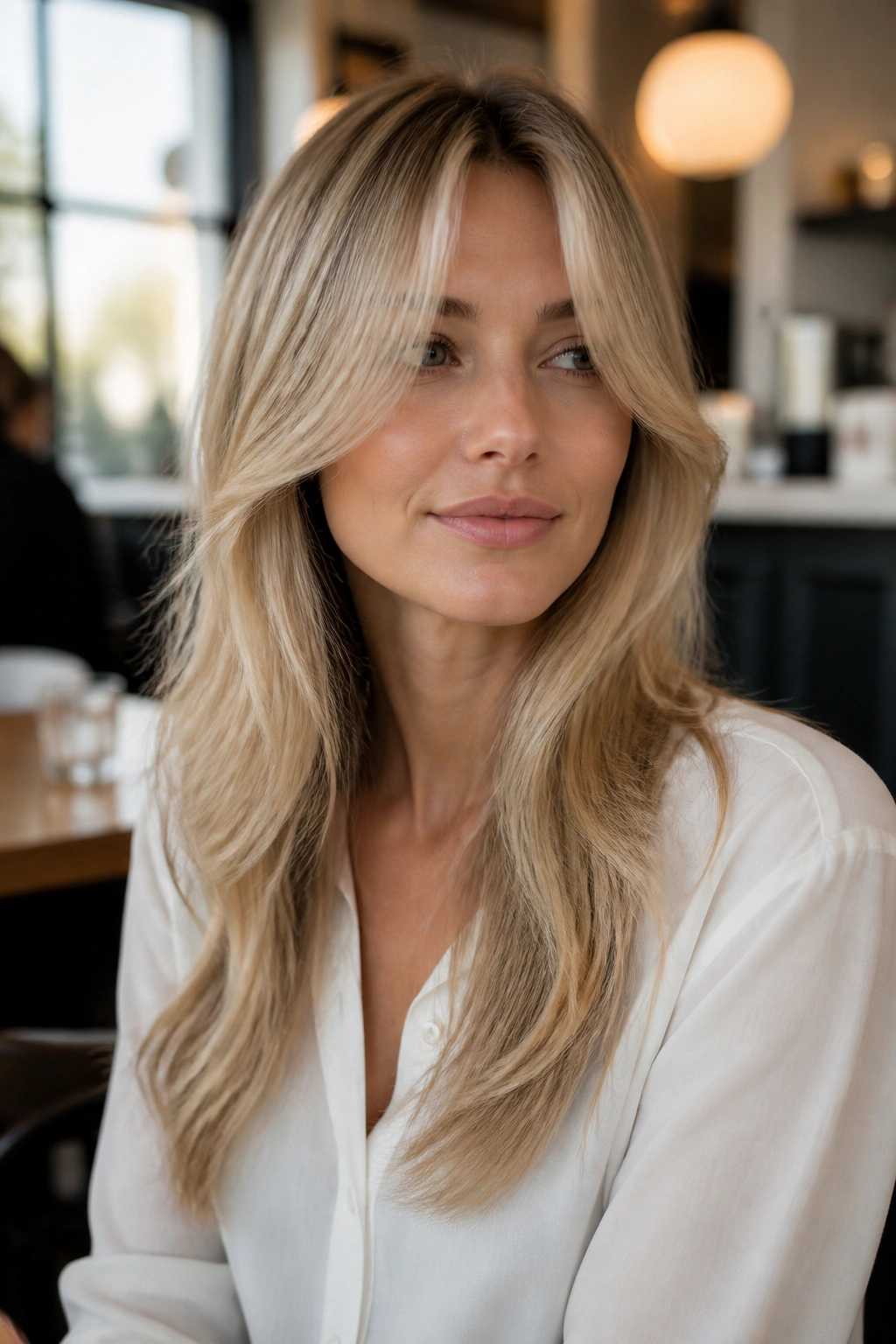 Portrait of a real woman with beige-pearl champagne and curtain bangs